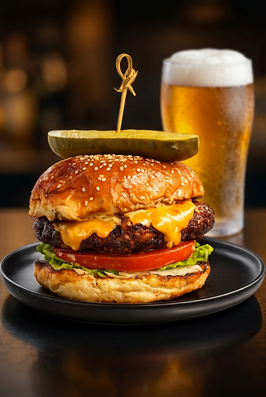 Silo 67 bacon cheeseburger with a pickle skewer and a pint of beer